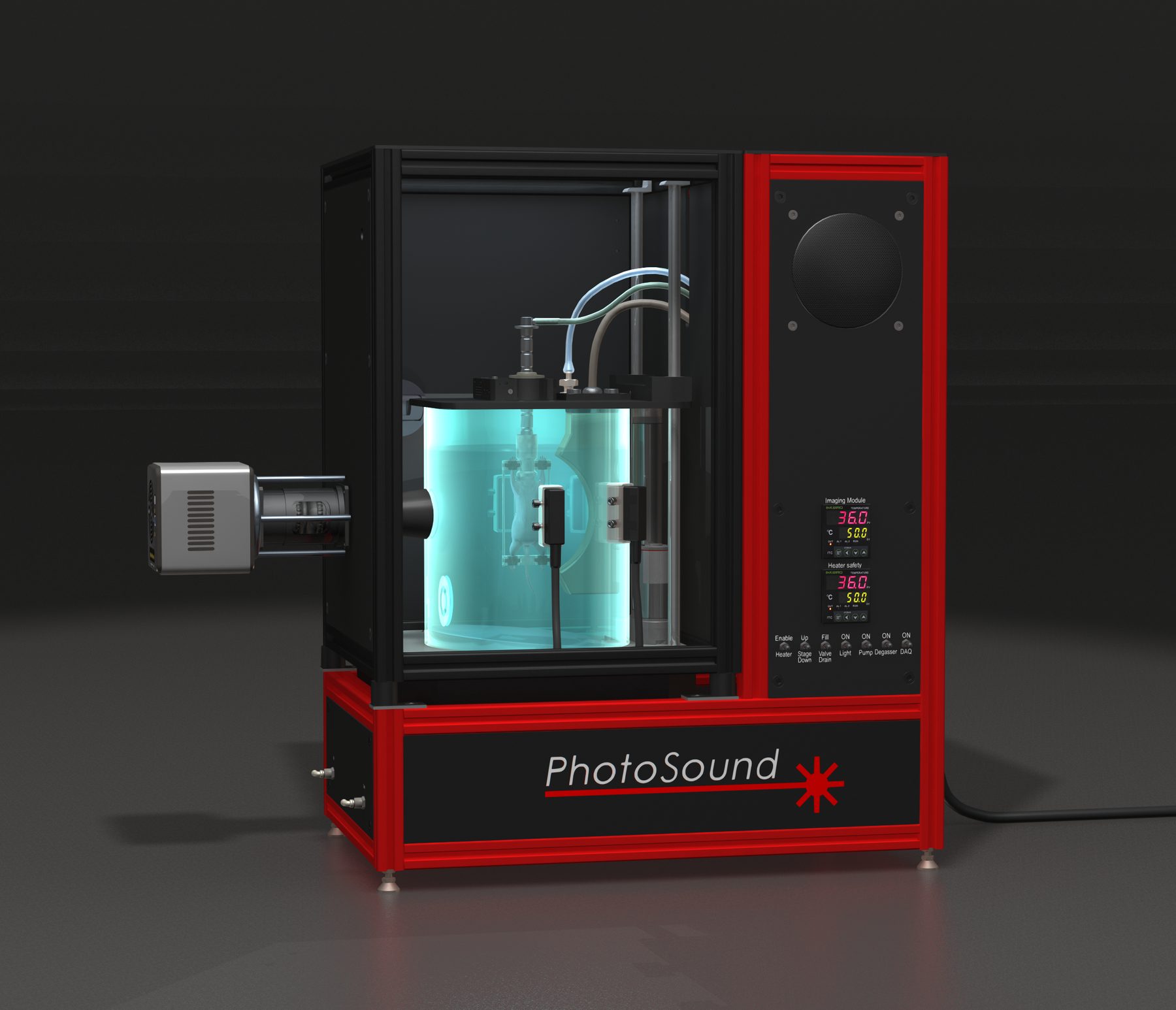 The TriTom imaging system with the chamber open, showing the water-filled imaging cell and control panel